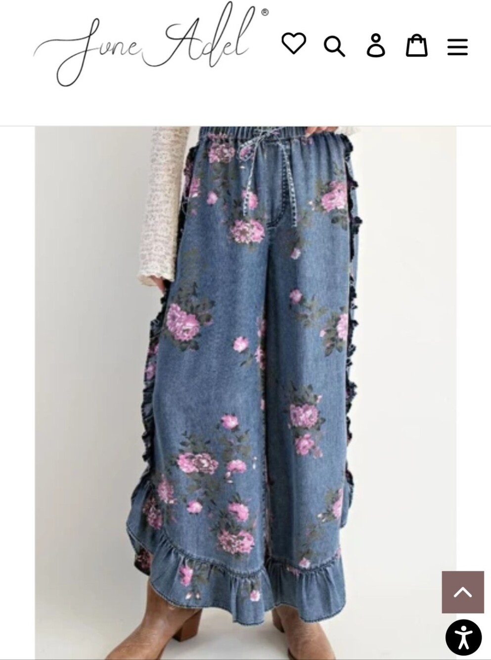 Floral Ruffle Flare Pants - Denim with Pink Roses - Picture 5 of 5